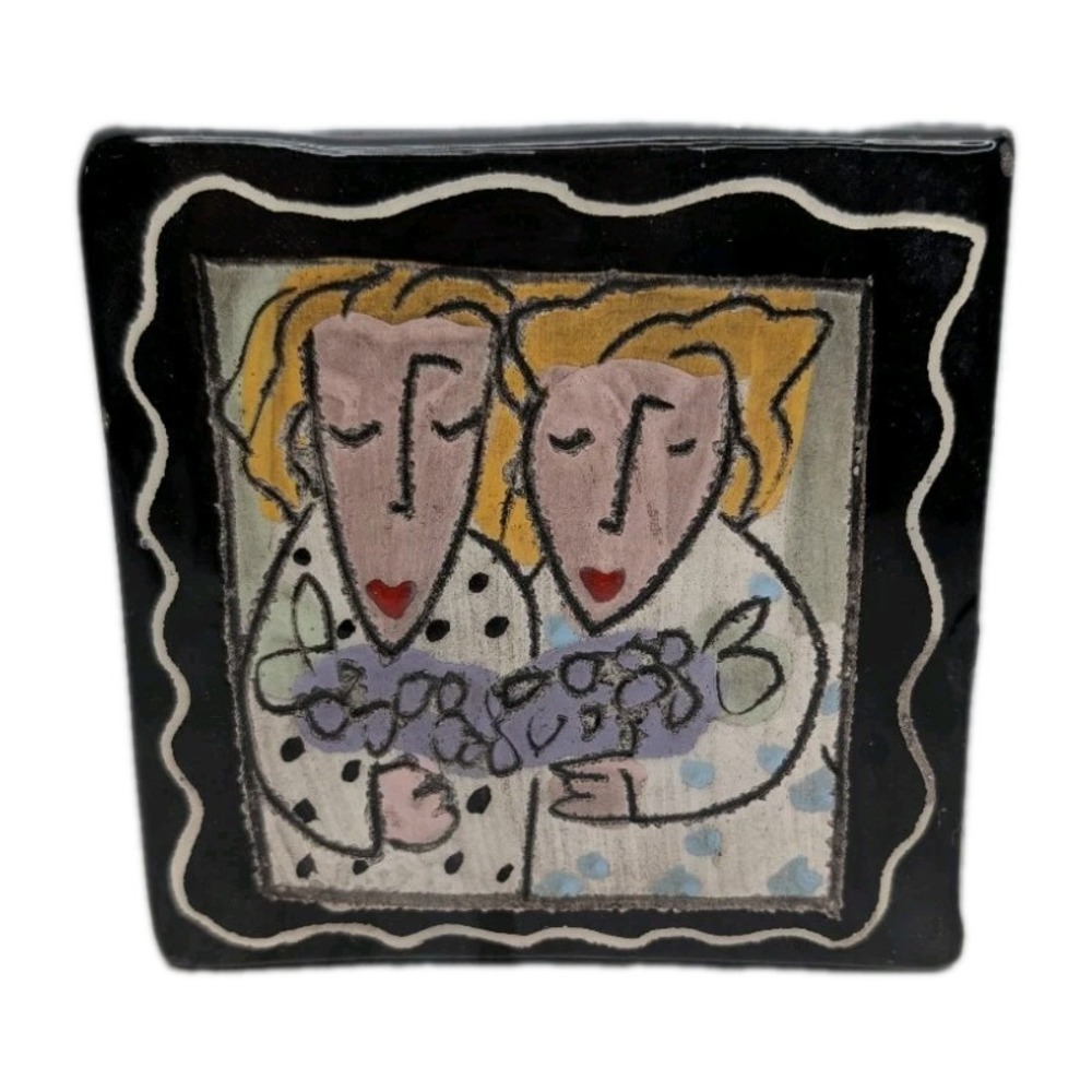 Hand Painted Art Pottery Tile 4" Girls Gathering Grapes Folk Art Plaque